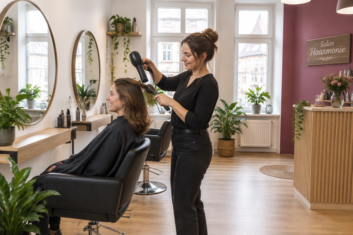 Innenansicht des Beispielsalons: Friseurin föhnt einer Kundin die Haare