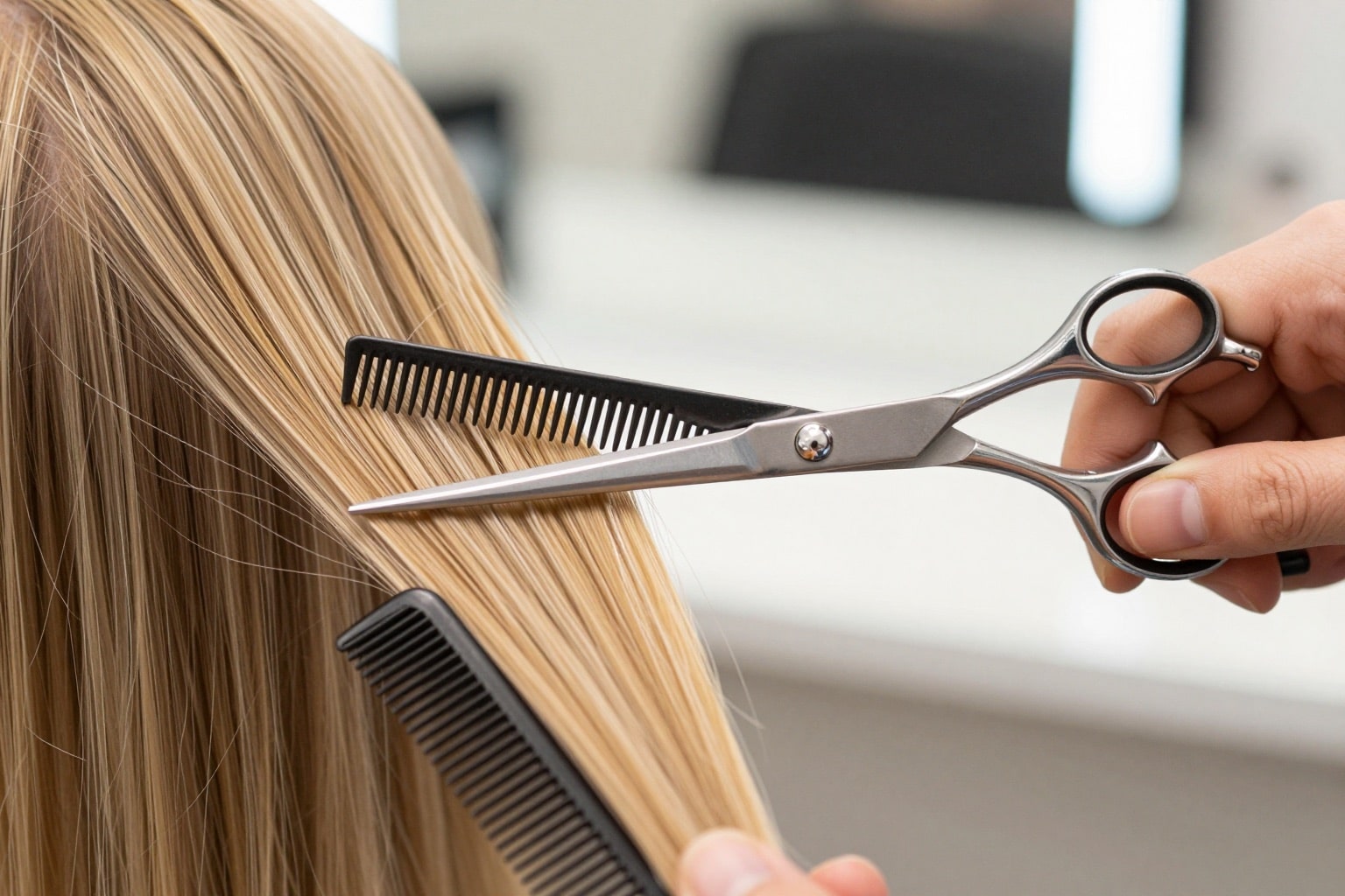 Nahaufnahme einer Friseurschere beim Schneiden feiner Haarsträhnen