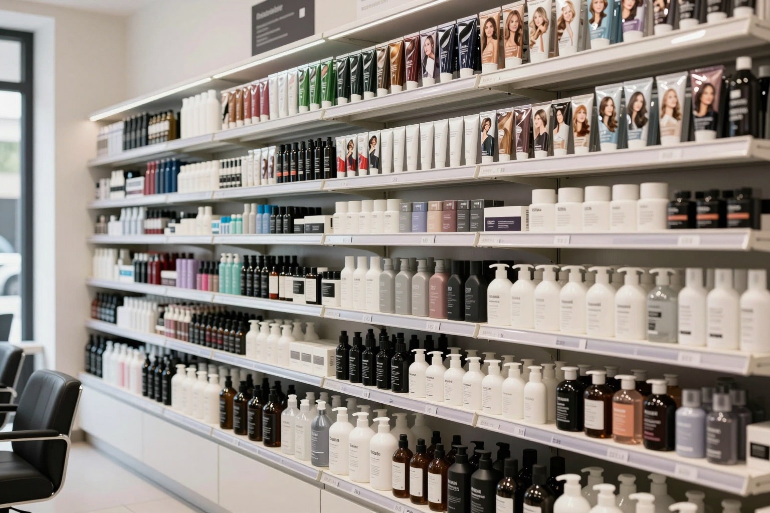 Regal in einem Friseurbedarf-Großhandel mit professionellen Salonprodukten