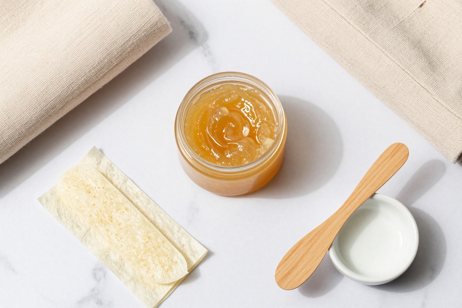 Sugaring-Set mit Zuckerpaste, Stoffstreifen und Holzspatel auf hellem Marmor
