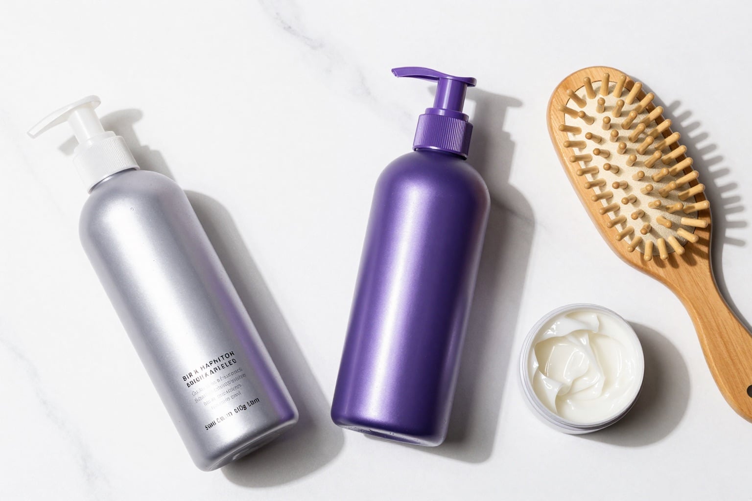 Pflegeprodukte und Silbershampoo als Flatlay zum Abmattieren der Haarfarbe
