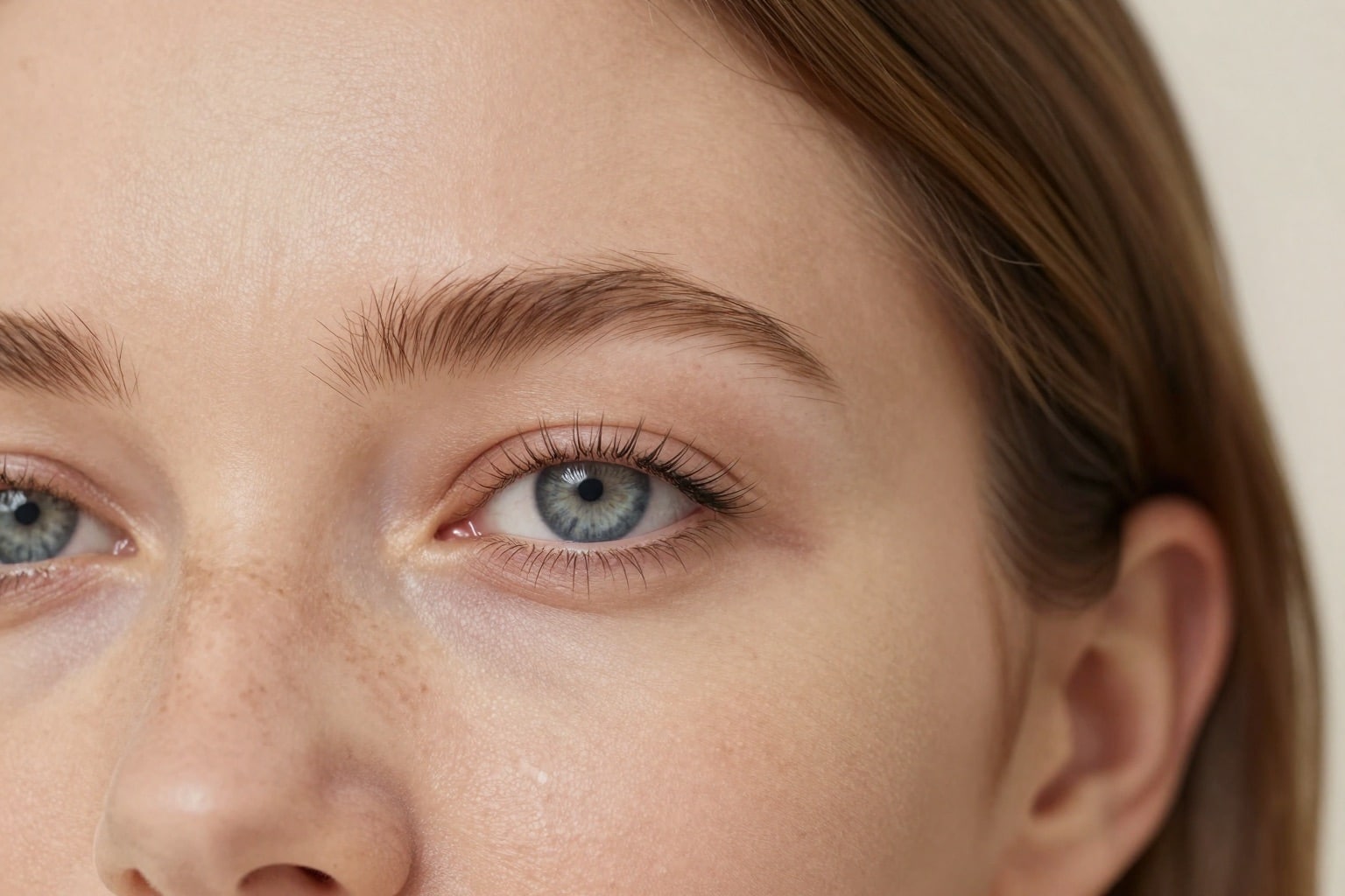 Augenpartie einer Frau mit dezenter Wimpernverlängerung im Tageslicht
