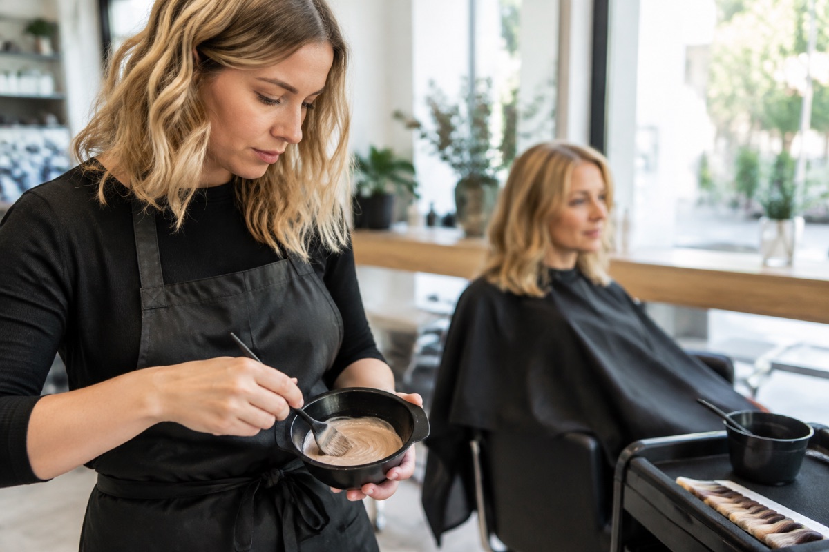 Friseurin mischt eine Beigeblond-Tönung im Salon für eine Kundin