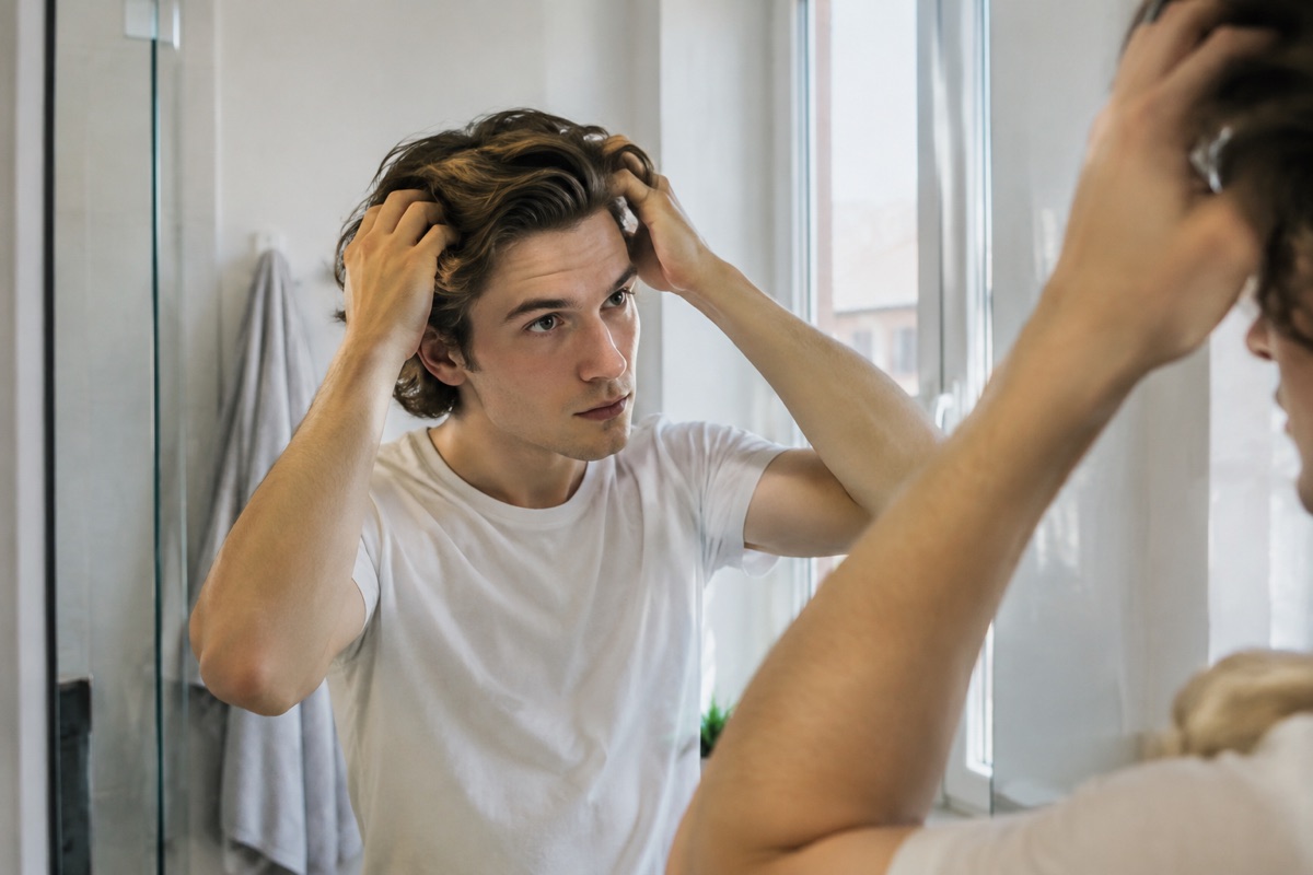 Mann stylt seinen Bro Flow mit den Fingern vor dem Spiegel