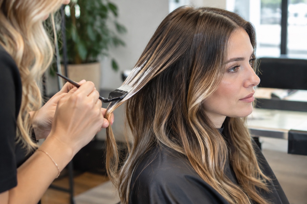 Friseurin arbeitet Bronde-Strähnen mit Balayage-Technik in das Haar einer Kundin ein