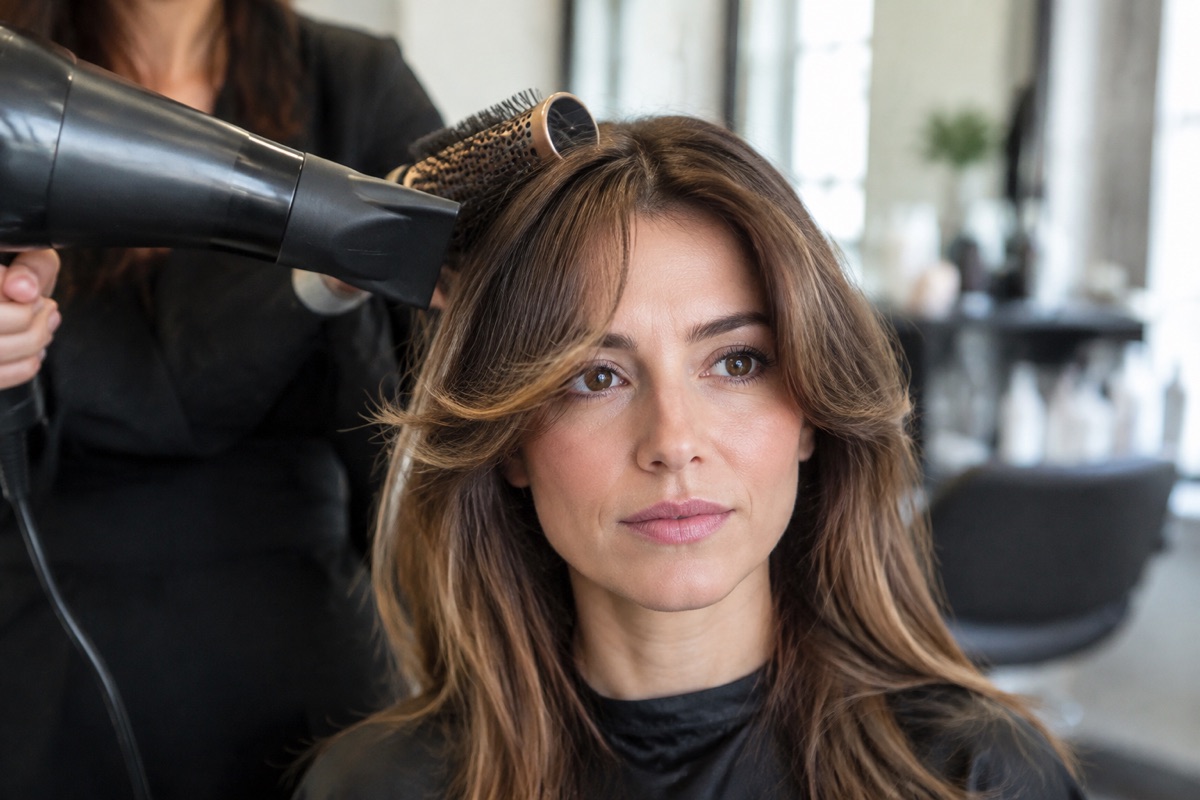 Friseurin stylt Curtain Bangs mit Rundbürste und Fön im Salon