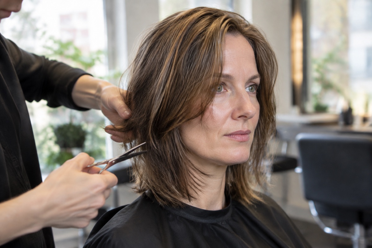 Friseurin schneidet mittellange Stufen mit der Schere