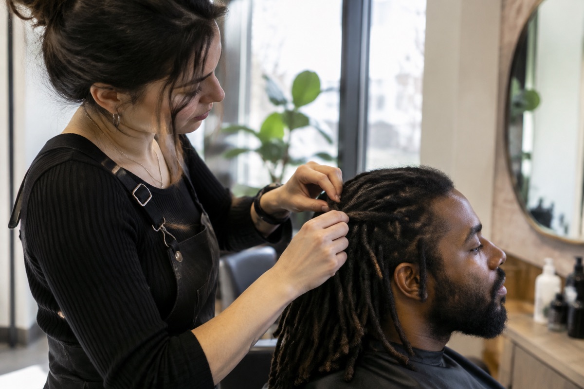 Friseur pflegt Dreadlocks mit einem Retwist im Salon