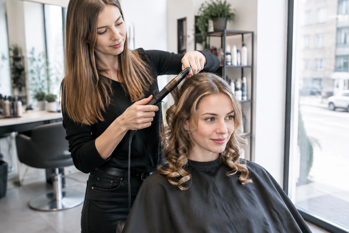 Friseurin stylt eine festliche Frisur mit dem Lockenstab