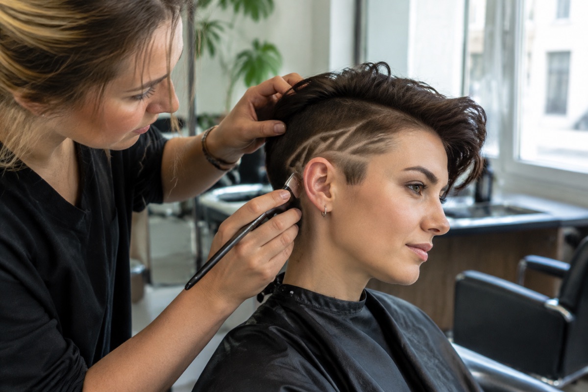 Friseur arbeitet ein Rasiermuster in einen Undercut einer Kundin