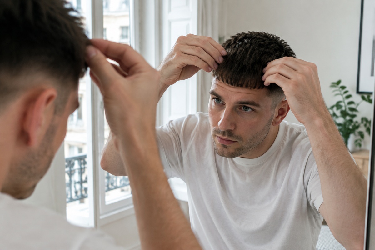 Mann formt den Pony seines French Crop mit den Fingern