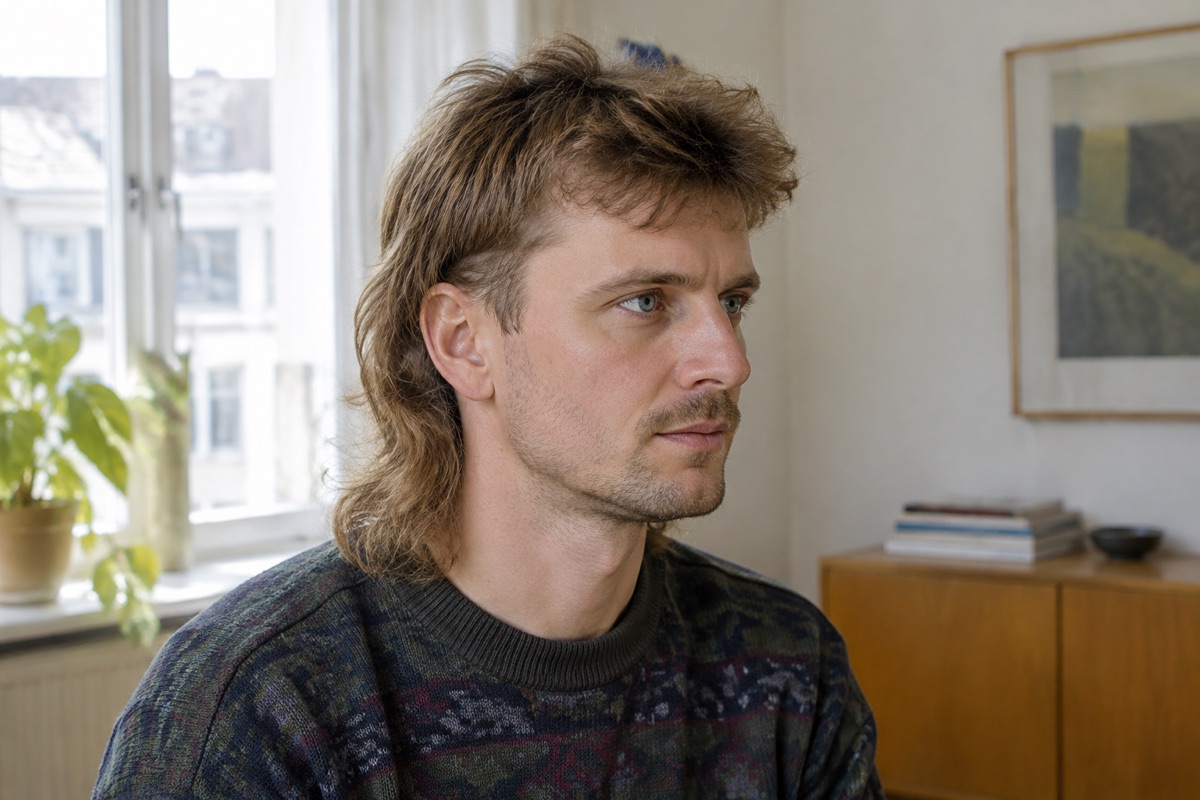 Mann mit Vokuhila-Frisur im 90er-Stil