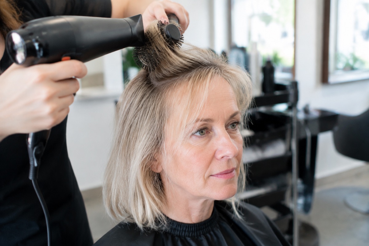 Friseurin föhnt dünnes Haar mit Rundbürste für mehr Volumen
