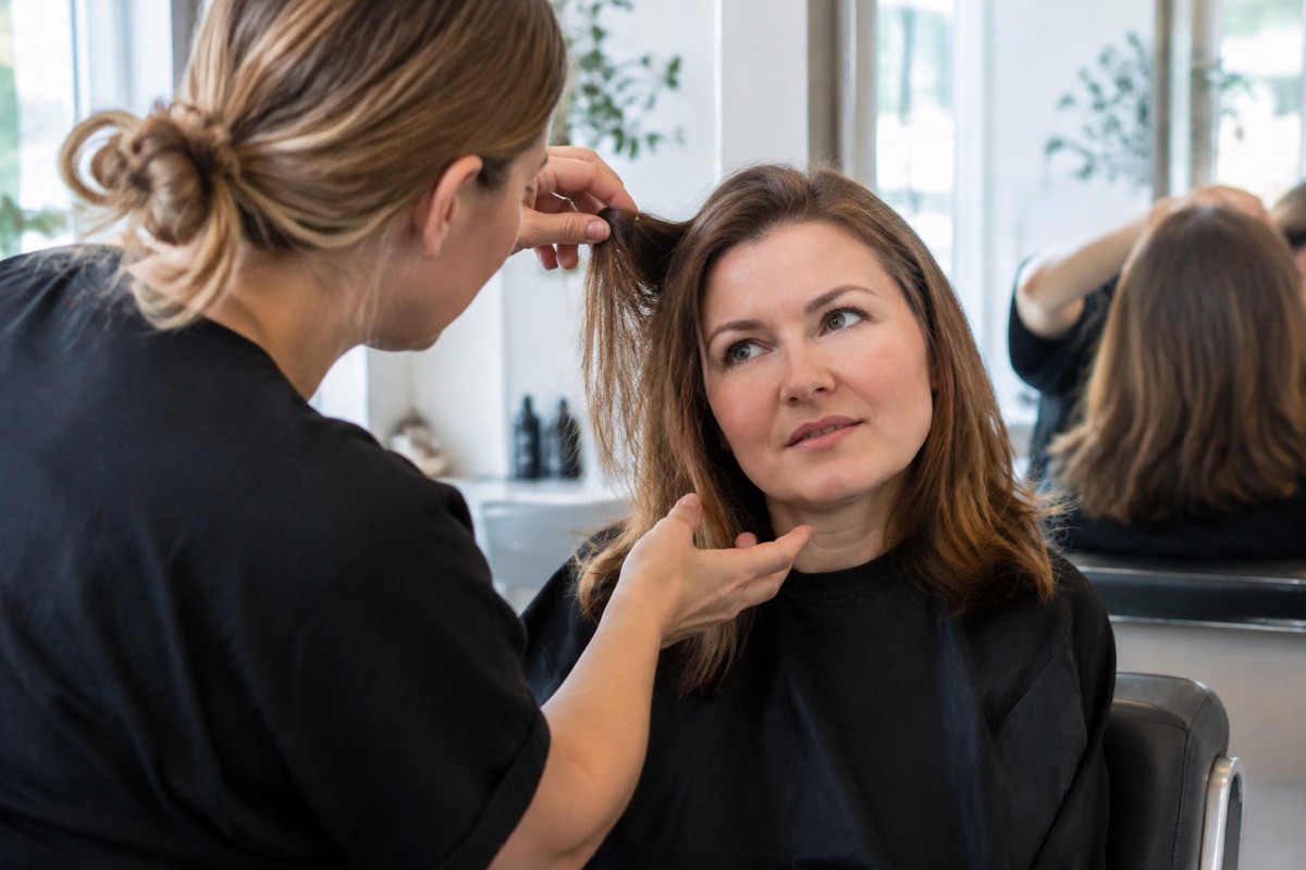 Friseurin berät eine Kundin mit rundem Gesicht zur passenden Frisur