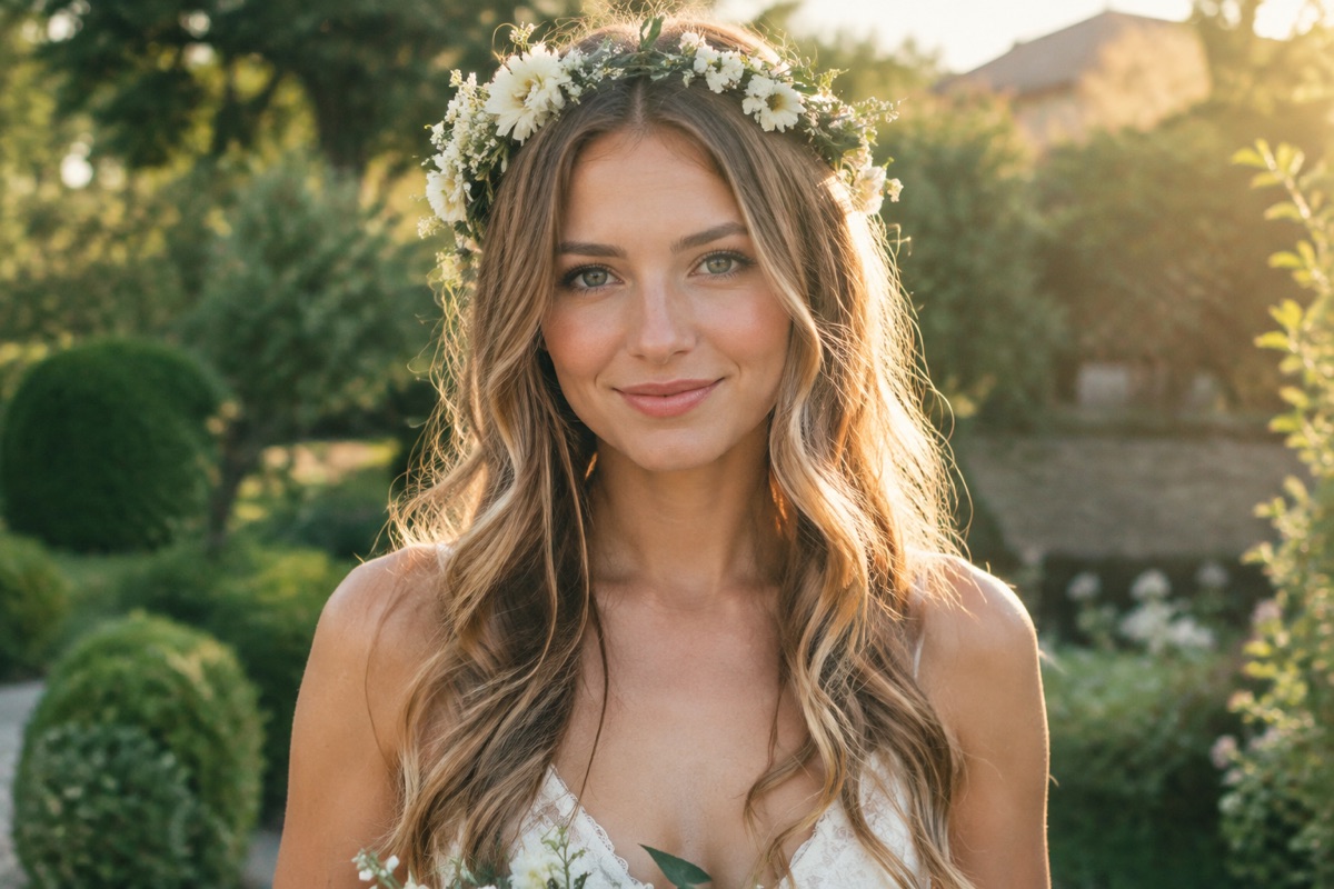Braut mit langen, offenen Wellen und zartem Blumenkranz im Haar, Blick nach vorn