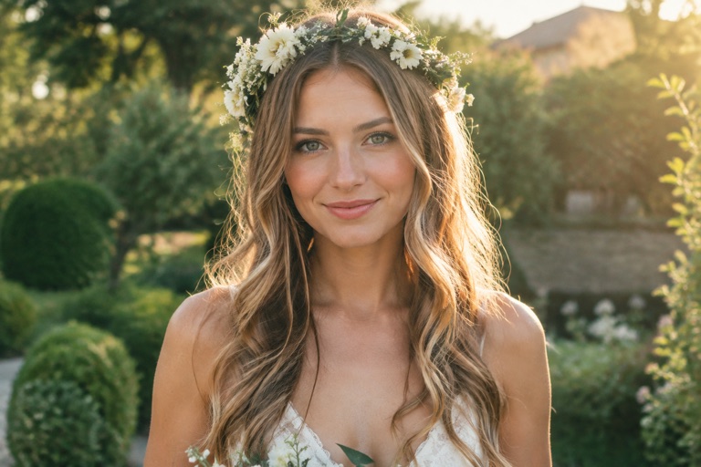 Braut mit langen, offenen Wellen und zartem Blumenkranz im Haar, Blick nach vorn