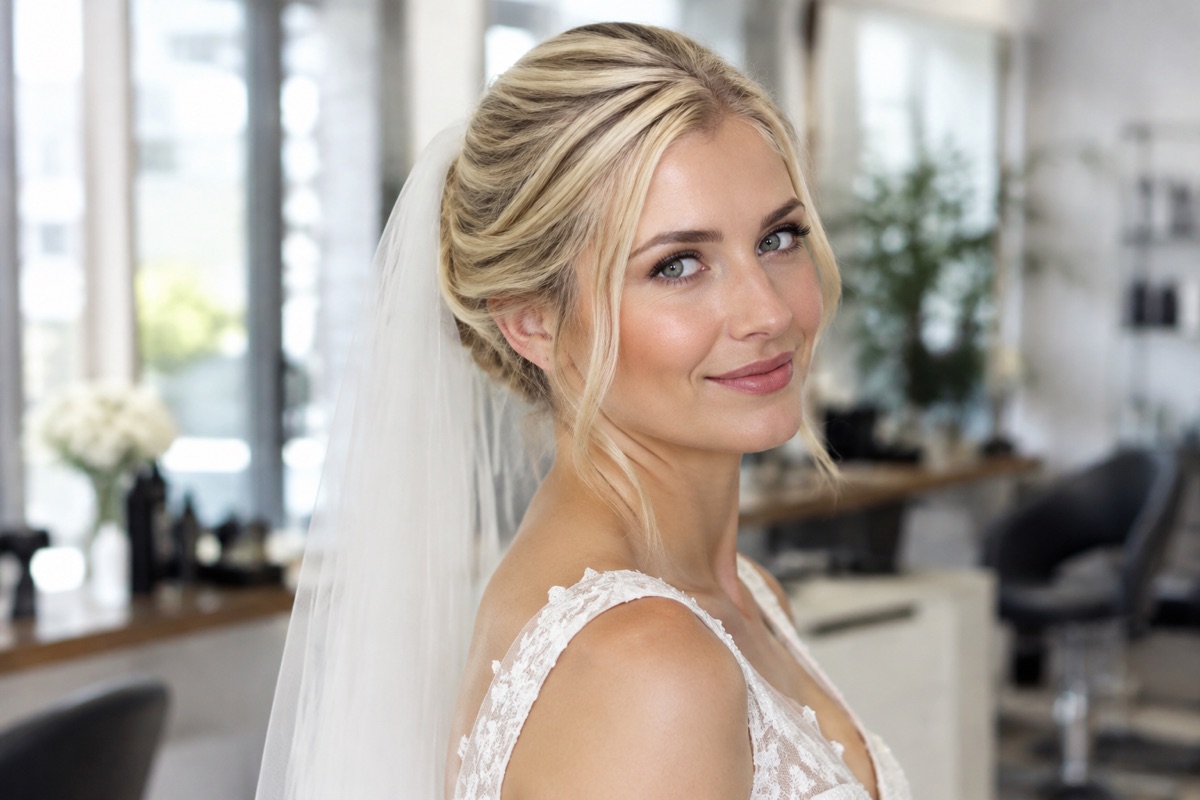 Braut mit eleganter Hochsteckfrisur und befestigtem Schleier, Dreiviertelansicht, Blondhaar