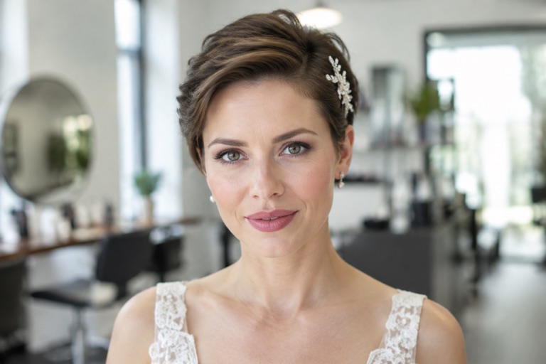 Braut mit kurzem Pixie-Haarschnitt und dekorativer Haarspange, Blick nach vorn