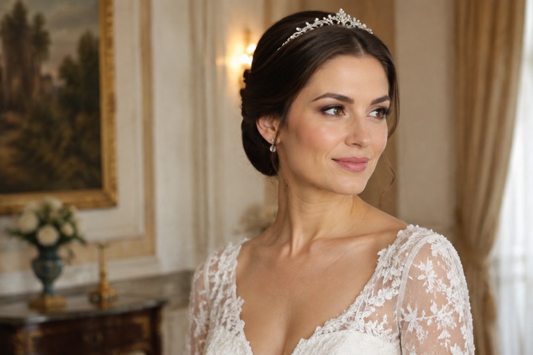 Braut mit glatter, eleganter Hochsteckfrisur und Diadem, Dreiviertelansicht, dunkles Haar