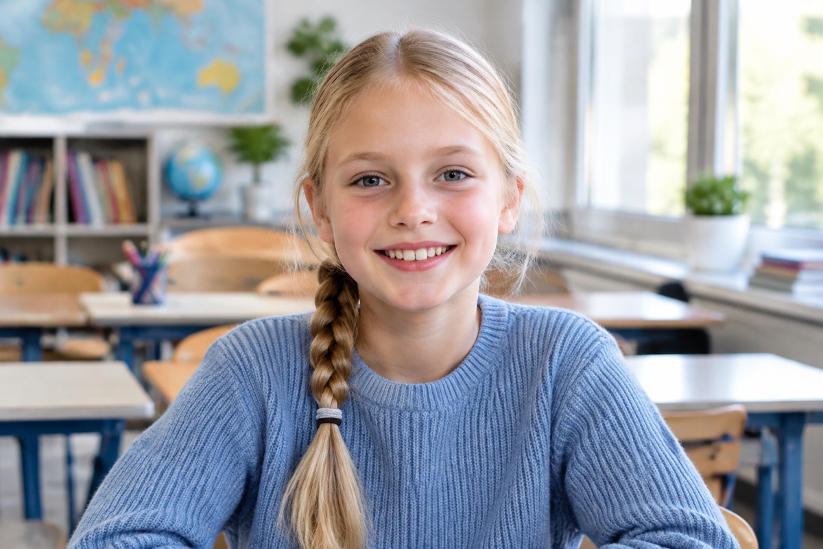 Mädchen mit französischem Zopf für die Schule, Blondhaar, Blick nach vorn