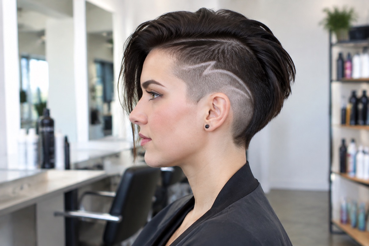 Seitenansicht einer jungen Frau mit Undercut und feinem Rasiermuster an der Schläfe