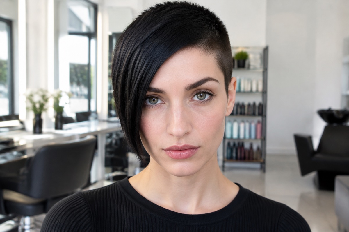 Frau Mitte 20 mit sehr kurzem Buzz Cut und auffällig langem schrägem Pony in Schwarz