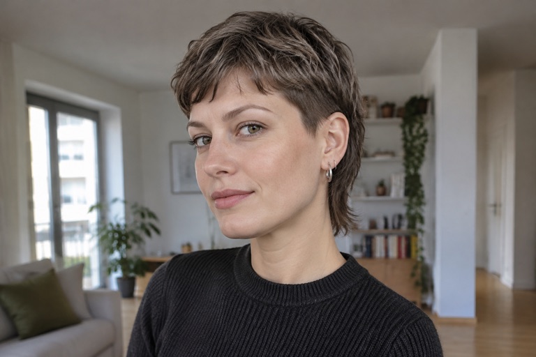 Frau Anfang 30 mit modernem, mullet-inspiriertem Kurzschnitt in Aschbraun