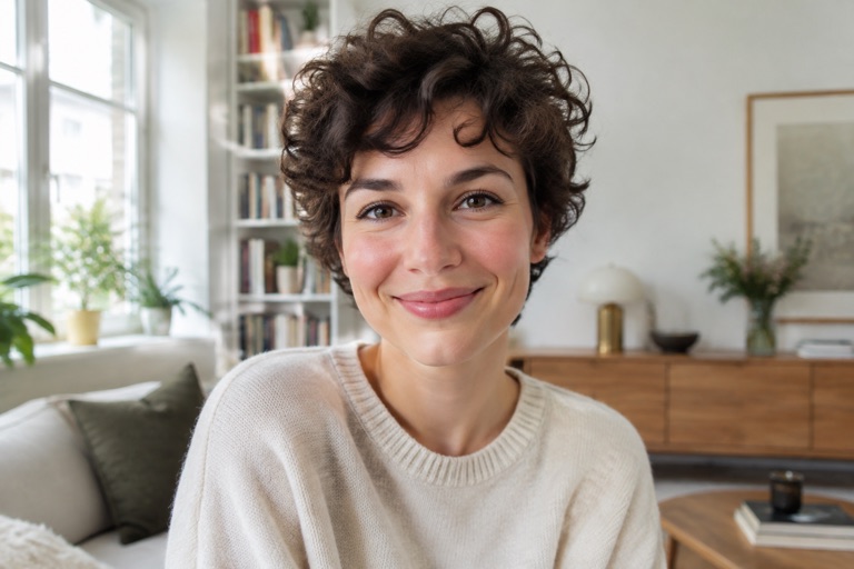 Frau Ende 20 mit frech gestyltem Curly Pixie und dunklen Naturlocken