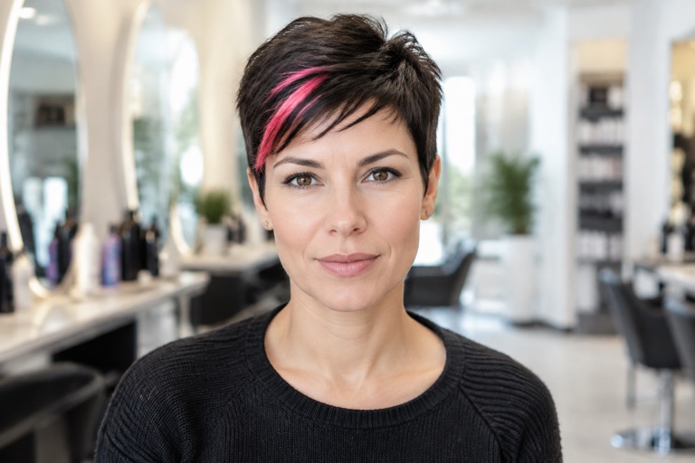 Frau Mitte 30 mit kurzem Pixie und einem pinken Farbakzent an einer Strähne