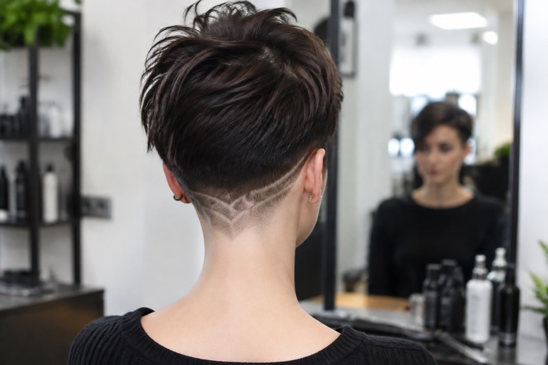 Rückansicht eines Undercuts mit sichtbarem feinem Rasiermuster im Nacken bei einer jungen Frau