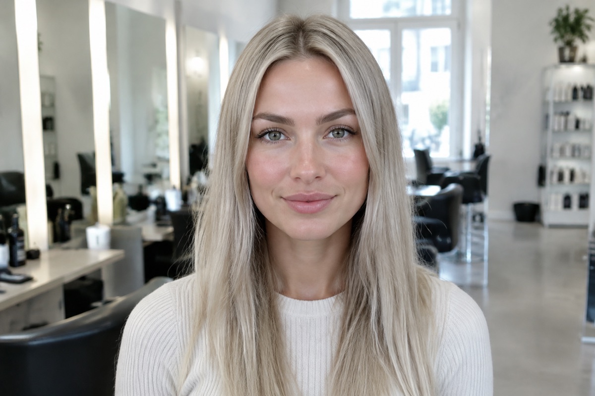 Frau mit langen glatten Haaren in hellem, kühlem Aschblond ohne Gelbstich