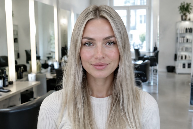 Frau mit langen glatten Haaren in hellem, kühlem Aschblond ohne Gelbstich