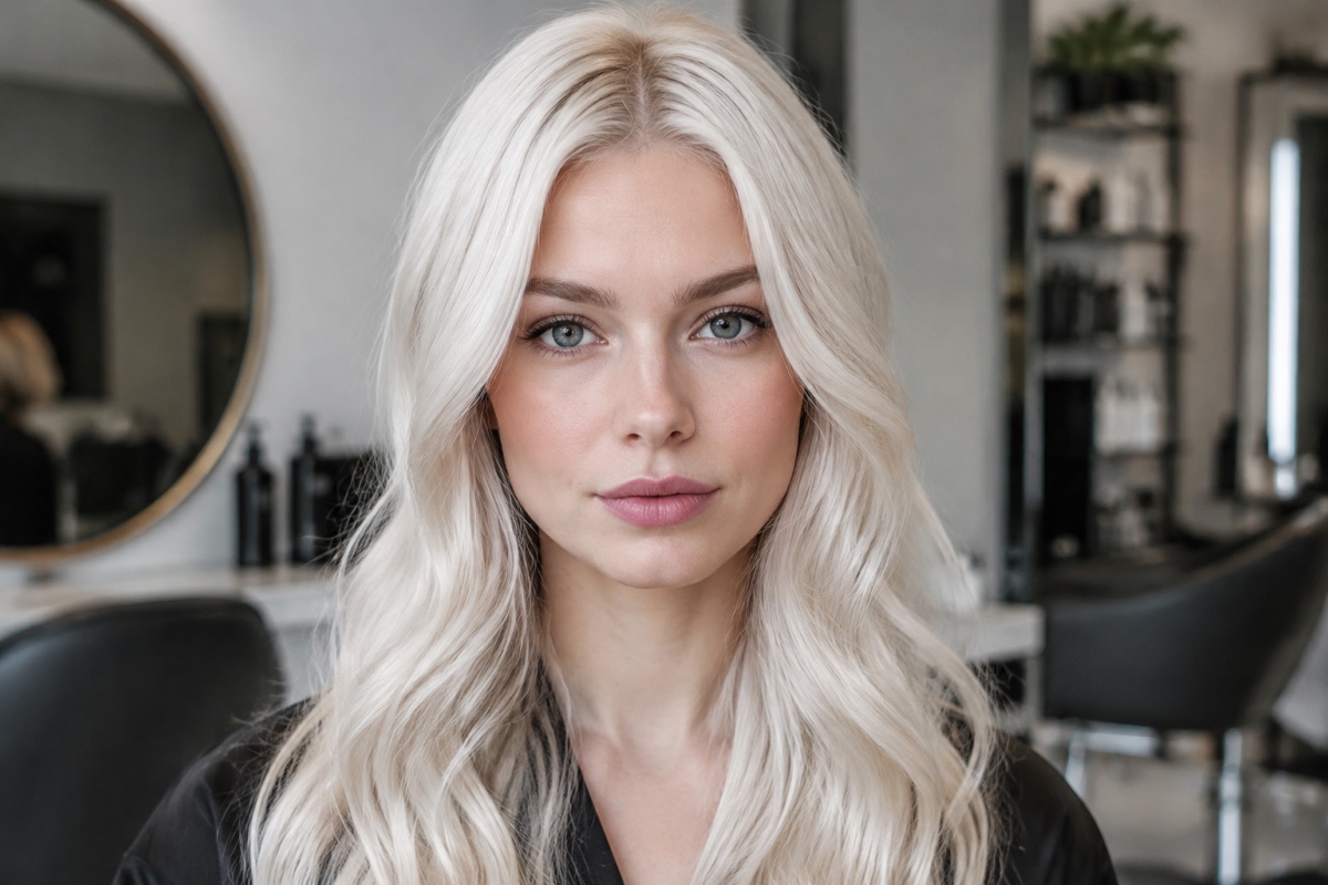 Frau mit sehr hellem, fast weißem Platin-Aschblond als auffälliger Statement-Look