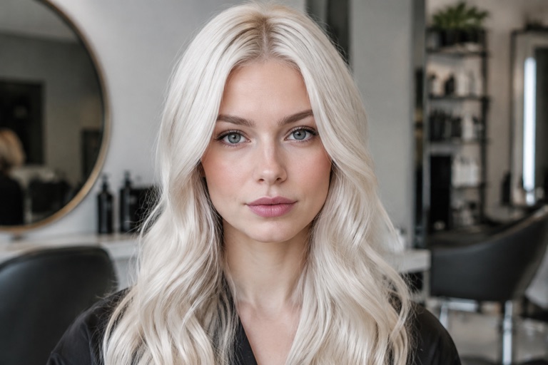 Frau mit sehr hellem, fast weißem Platin-Aschblond als auffälliger Statement-Look