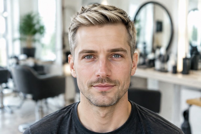 Mann mit kurzem Haarschnitt und dezentem Aschblond an Oberkopf und Seiten