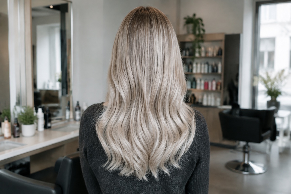 Rückansicht einer Frau mit langen aschblonden Haaren und gleichmäßigem Ton