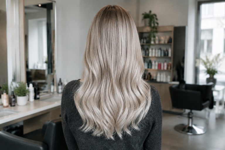 Rückansicht einer Frau mit langen aschblonden Haaren und gleichmäßigem Ton