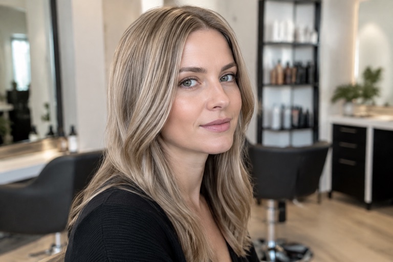Frau mit hellem Aschbraun nah an der Grenze zu Aschblond