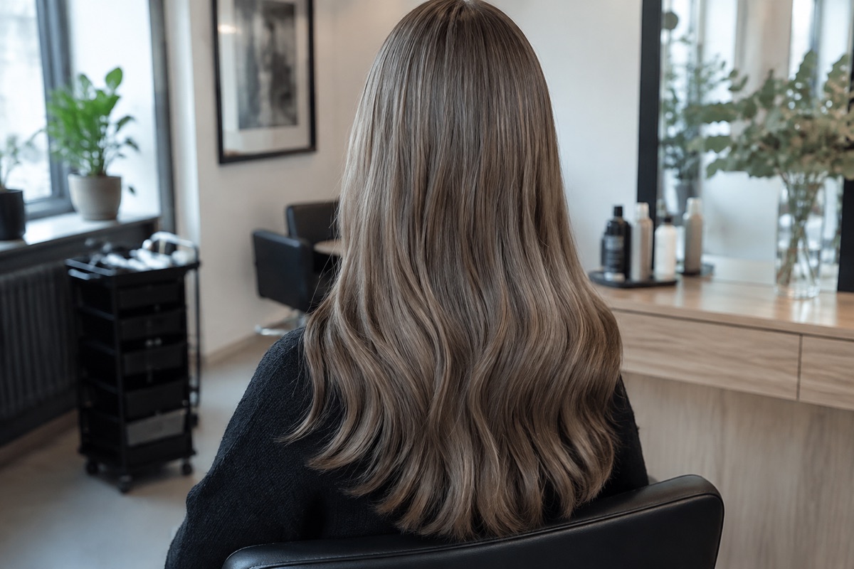 Rückansicht einer Frau mit langen aschbraunen Haaren und gleichmäßigem Ton