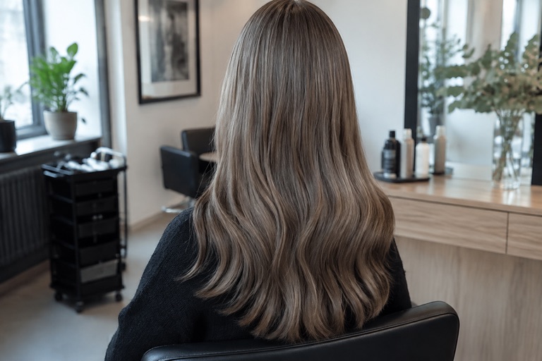Rückansicht einer Frau mit langen aschbraunen Haaren und gleichmäßigem Ton