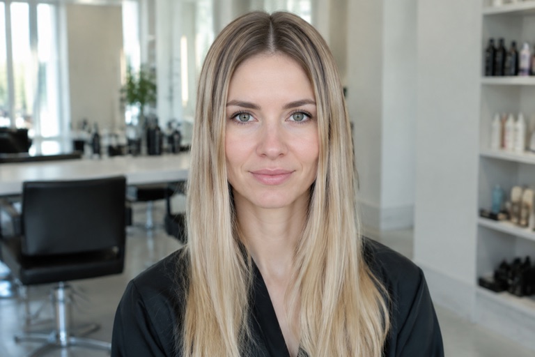 Frau mit glattem, beigeblondem Haar in neutraler Nuance