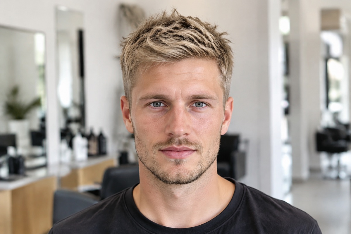 Mann mit kurzem Haarschnitt in beigeblonder Farbe
