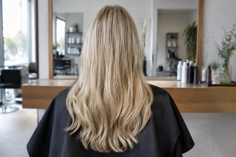 Rückansicht einer Frau mit beigeblondem Haar und gleichmäßiger Farbverteilung