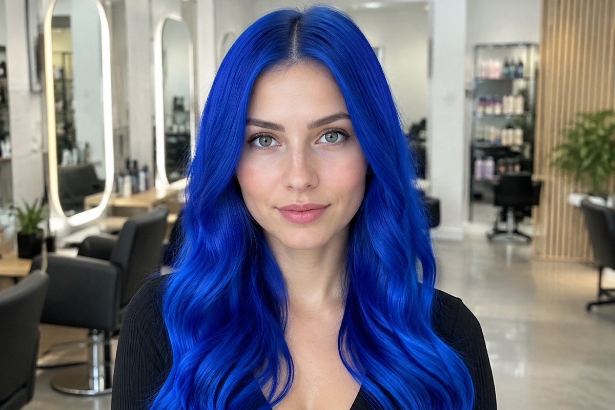 Frau mit langen Haaren in kräftigem, klarem Royalblau