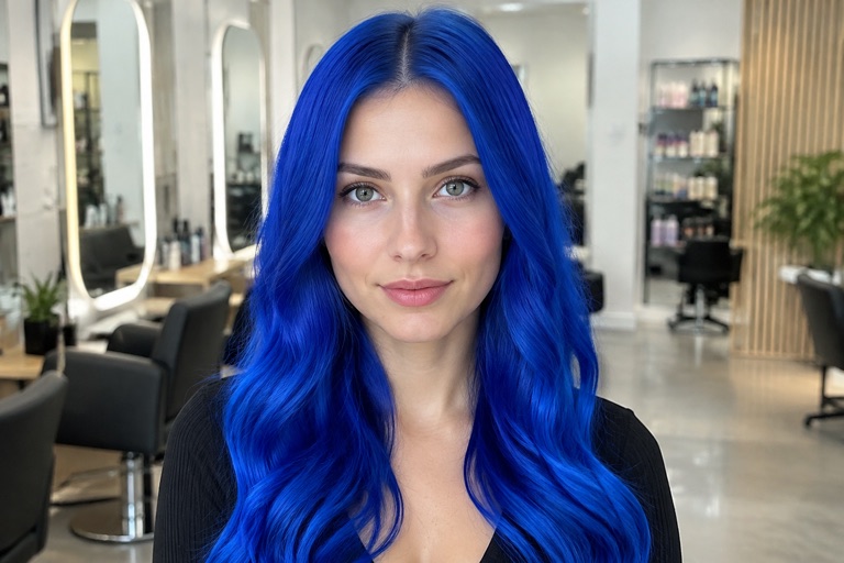 Frau mit langen Haaren in kräftigem, klarem Royalblau