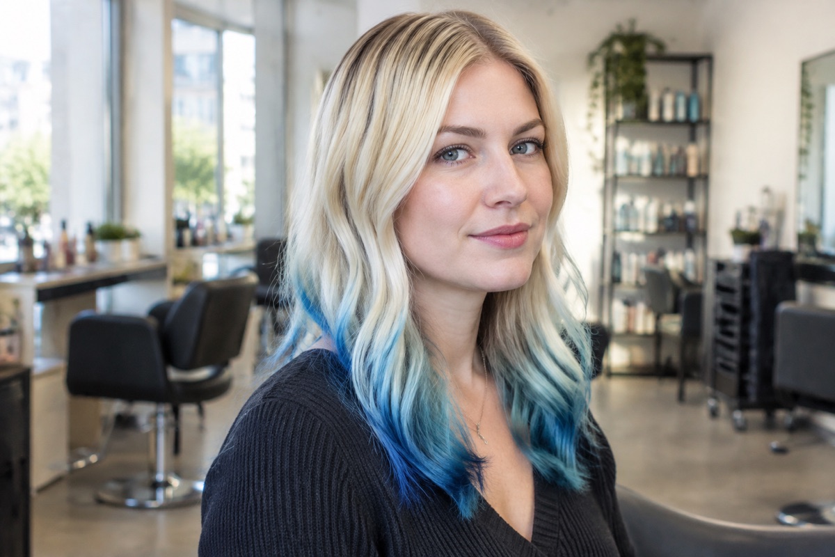 Frau mit blonden Haaren und blau getauchten Spitzen im Dip-Dye-Stil