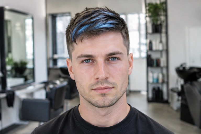 Mann mit kurzem Haarschnitt und einzelnen blauen Strähnen am Oberkopf