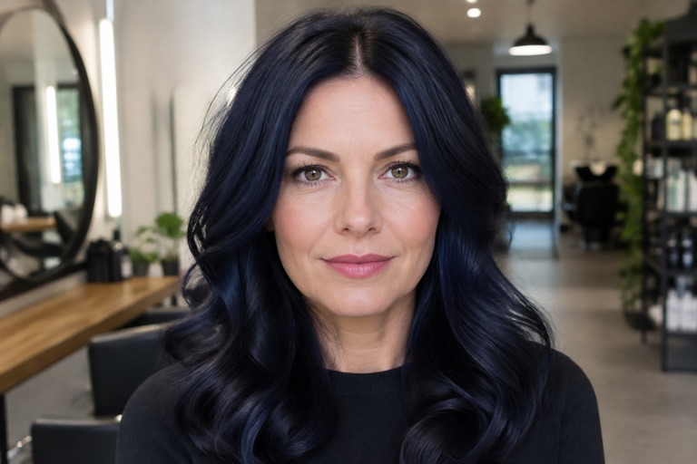 Frau mit dunklem, elegantem Nachtblau auf dunkler Haarbasis