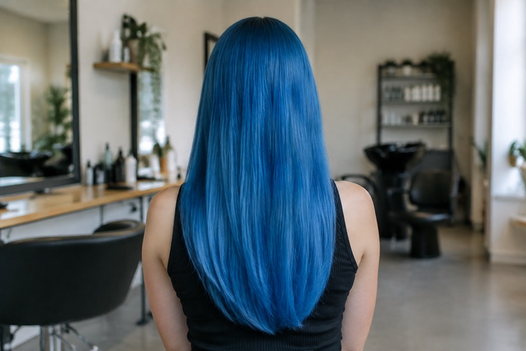 Rückansicht einer Frau mit langen blauen Haaren und gleichmäßigem Farbverlauf