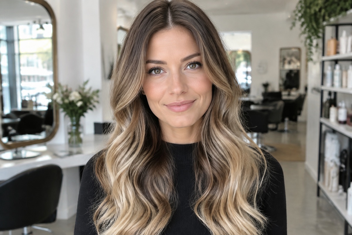 Frau mit langen Haaren und klassischer Bronde-Balayage von Braun zu Blond